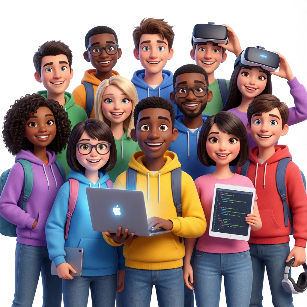 Group of diverse tech enthusiasts students with gadgets